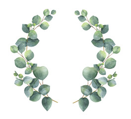 Watercolor vector wreath with silver dollar eucalyptus leaves and branches.