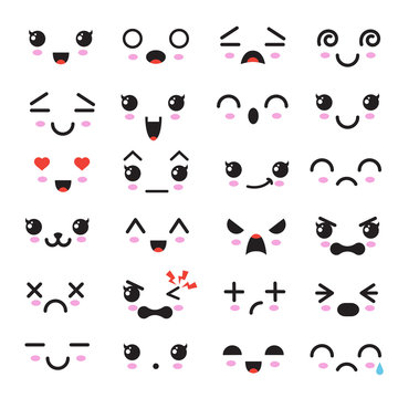 Kawaii cute faces. Manga style eyes and mouths. Funny cartoon japanese emoticon in in different expressions