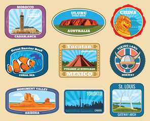 Naklejka premium Famous monuments and national landmarks retro vector travel labels