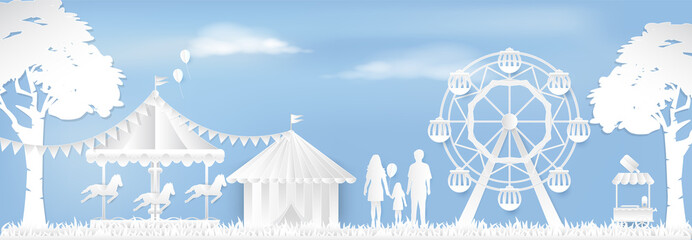 Happy Family in Amusement park with ferris wheel and carousel paper art style, paper cut background © kheat