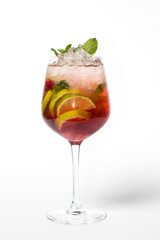 Glass of red cherry soda drink isolated on white background. From top view