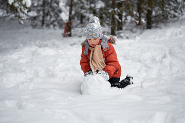 Fototapeta na wymiar winter fun. the boy sculpts the snowman.