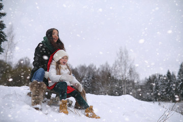 Obraz premium A winter fairy tale, a young mother and her daughter ride a sled