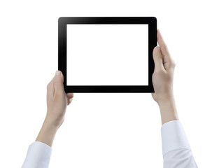 Hand hold digital tablet, cut out on white background