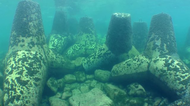 Hydrotechnical protective concrete structures: tetrapods on the seabed.
