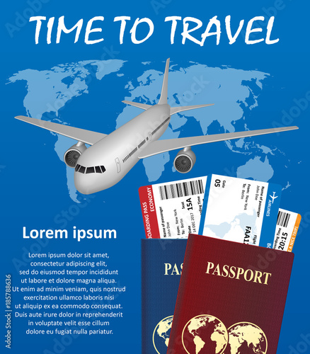 Business Trip Banner With Passport Tickets Airplane And Earth On Background Air Travel Business Trip Banner With Passport Tickets Airplane And Earth On Background Air Travel