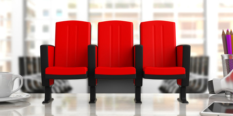 Fototapeta premium Cinema chairs on blur office background, front view. 3d illustration