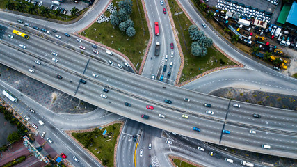 Naklejka premium Aerial shot,view from the drone on the road junction of Kuala-Lumpur,Malaysia