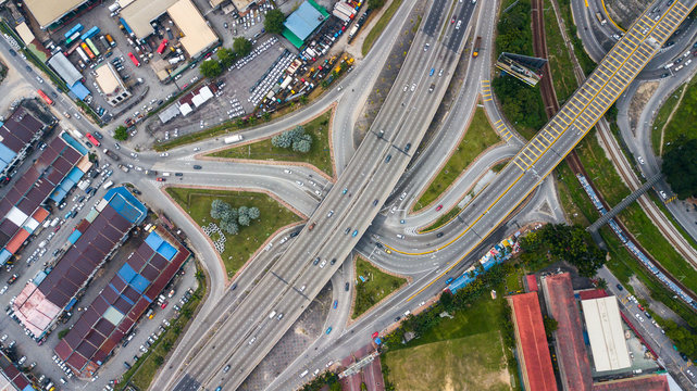 Aerial  shot,view from the drone on the road junction of Kuala-Lumpur,Malaysia