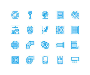 Ventilation equipment flat line icons. Air conditioning, cooling appliances, exhaust fan. Household and industrial ventilator thin linear signs for store. Pixel perfect 64x64.
