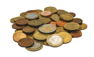 Pile of Euro coins isolated on white background.