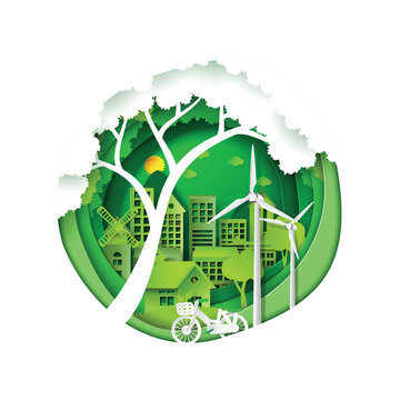Green eco friendly city and save energy creative idea concept.Paper carving nature landscape and environment conservation paper art style.Vector illustration.