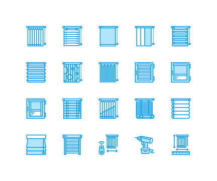 Window blinds, shades line icons. Various room darkening decoration, roller shutters, roman curtains, horizontal and vertical jalousie. Interior design signs for house decor shop. Pixel perfect 64x64.