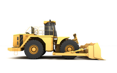 Powerfull concept. Massive yellow hydraulic earth mover isolated on white. Left to right direction. 3D illustration. Wide angle. Side view