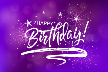 Happy Birthday. Beautiful greeting card poster calligraphy blue fireworks glowing fire blurred purple background white text. Hand drawn design. Handwritten modern brush lettering isolated vector