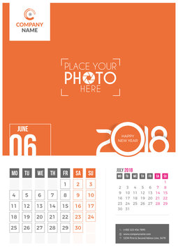 June 2018. Wall Calendar 2018. 2 Months on Page. Vector Design. Template with Place for Photo and Company Logo