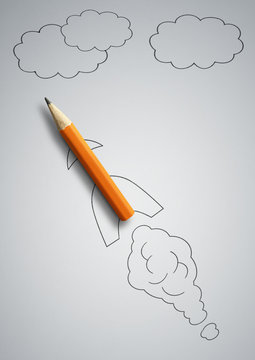 startup creative concept, pencil as drawn rocket