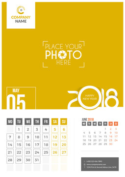 May 2018. Wall Calendar 2018. 2 Months on Page. Vector Design. Template with Place for Photo and Company Logo