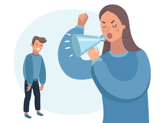 Mother character scolds son character. Vector flat cartoon illustration