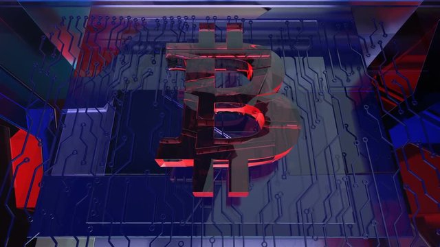 Broadcast Glass Bitcoin animation.Bitcoins BTC broadcast intro and finance, banking news report.Futuristic technology stock market, international exchange background.3D Render.