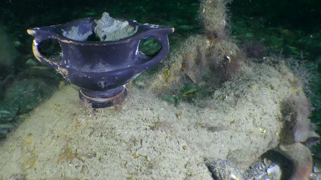 Underwater archeology: Ancient Greek Black-glazed ware on the seabed, kantharos.
