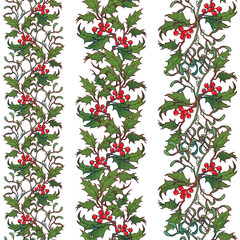 Set of Christmas ornamental seamless borders. Holly and mistletoe branches with leafs and berries. Winter botanical design. EPS10 vector illustration