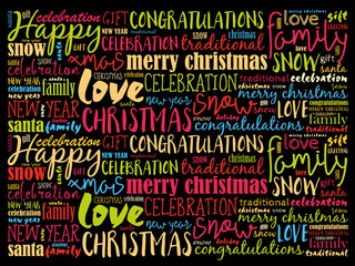 Happy Holidays and Christmas background word cloud, holidays lettering collage