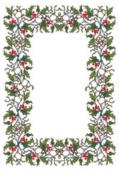Christmas ornamental rectangular frame. Holly branches with leafs and berries. Christmas greeting card template. EPS10 vector illustration