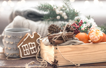 still life of Christmas decorations, a beautiful bowl of fruit and festive spice