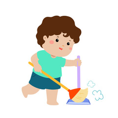 Cute boy sweeping the dust on a white background vector.