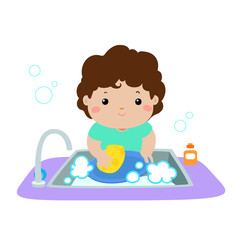 Illustration of happy boy washing dish on white background.