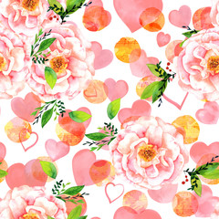 Seamless watercolour rose pattern with sheet music and hearts