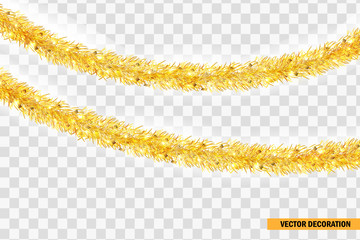Detailed Two wide golden christmas garland. Xmas tinsel border isolated. Vector decoration for holiday design, website header decoration, print design. Curved festive frippery.