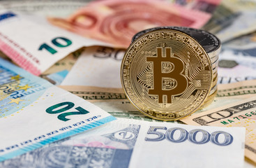 Bitcoin Virtual Currency. Trading with Bitcoin. The risk of buying a virtual currency. Crypto Currency background concept.