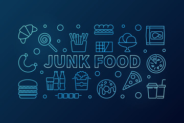 Junk food blue horizontal banner. Vector illustration