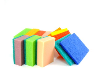 colorful of sponge dish washing accessories on white background