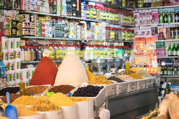 Selection of spices on a traditional Moroccan market (souk) in Marrakech, Morocco