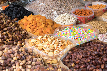 Nuts and dried fruit for sale in the souk of Fes, Morocco