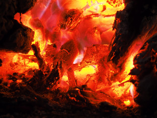 Coal fire at night close-up