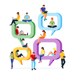 Young people sit on speech bubbles for comment and chat