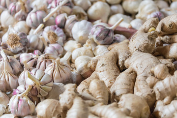 fresh garlics in a market