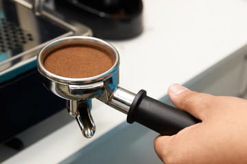 Sentence of drink. Ground coffee. Work barista