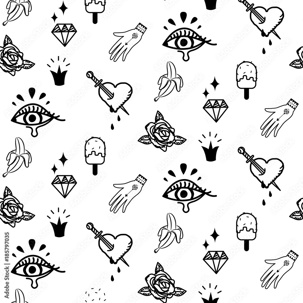 Canvas Prints doodle hipster flash tattoo style seamless vector pattern. simple outline black and white line style