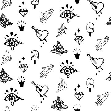 Doodle hipster flash tattoo style seamless vector pattern. Simple outline black and white line style background.