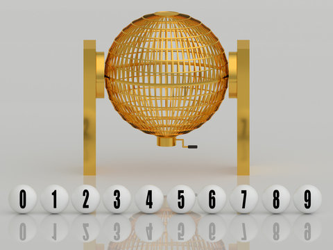 golden lottery cage with white numbered balls