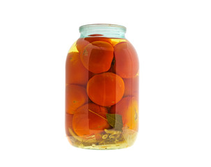 Marinated tomatoes, canned in a can of isolated on a white background