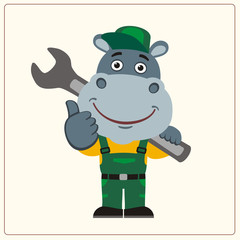 Funny hippo in wearing overalls with the large wrench on her shoulder. Mechanic hippopotamus in cartoon style shows like.