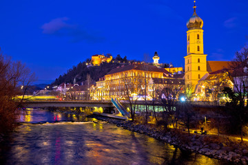 Fototapeta na wymiar Mur river and Graz cityscape evening view