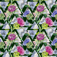 Wildflower thistle flower pattern in a watercolor style. Full name of the plant: thistle. Aquarelle wild flower for background, texture, wrapper pattern, frame or border.