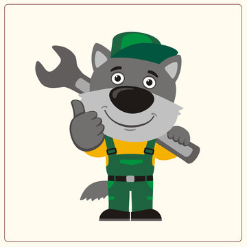Funny wolf in wearing overalls with the large wrench on her shoulder. Mechanic wolf in cartoon style shows like.